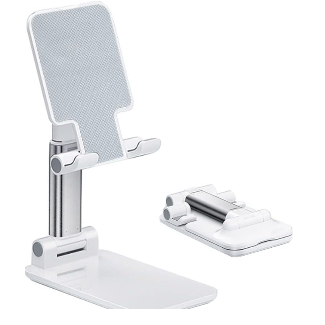 Foldable Cell Phone Stand – Adjustable Height & Angle, Silicone Pad, Desk Holder for All Phones, MT-6 (White)