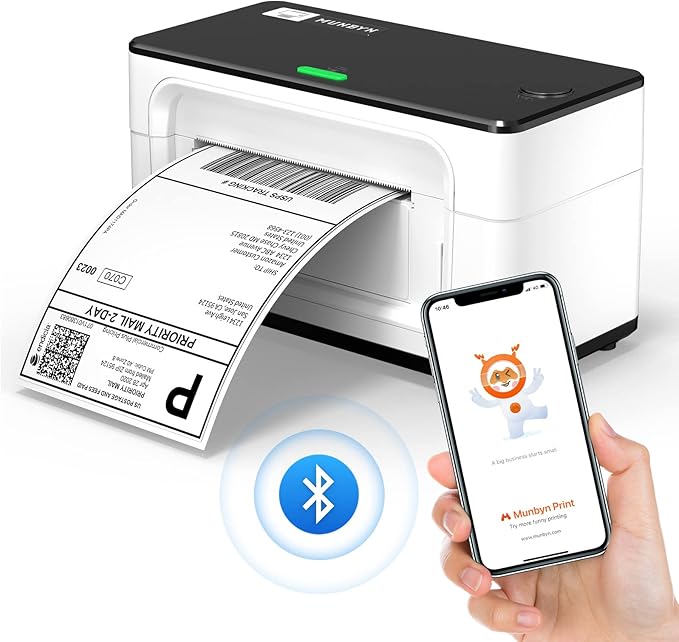 MUNBYN 4x6 Thermal Label Printer – 203DPI Bluetooth Printer for Shipping Labels, Etsy, Amazon, Shopify, ITPP941 (White)